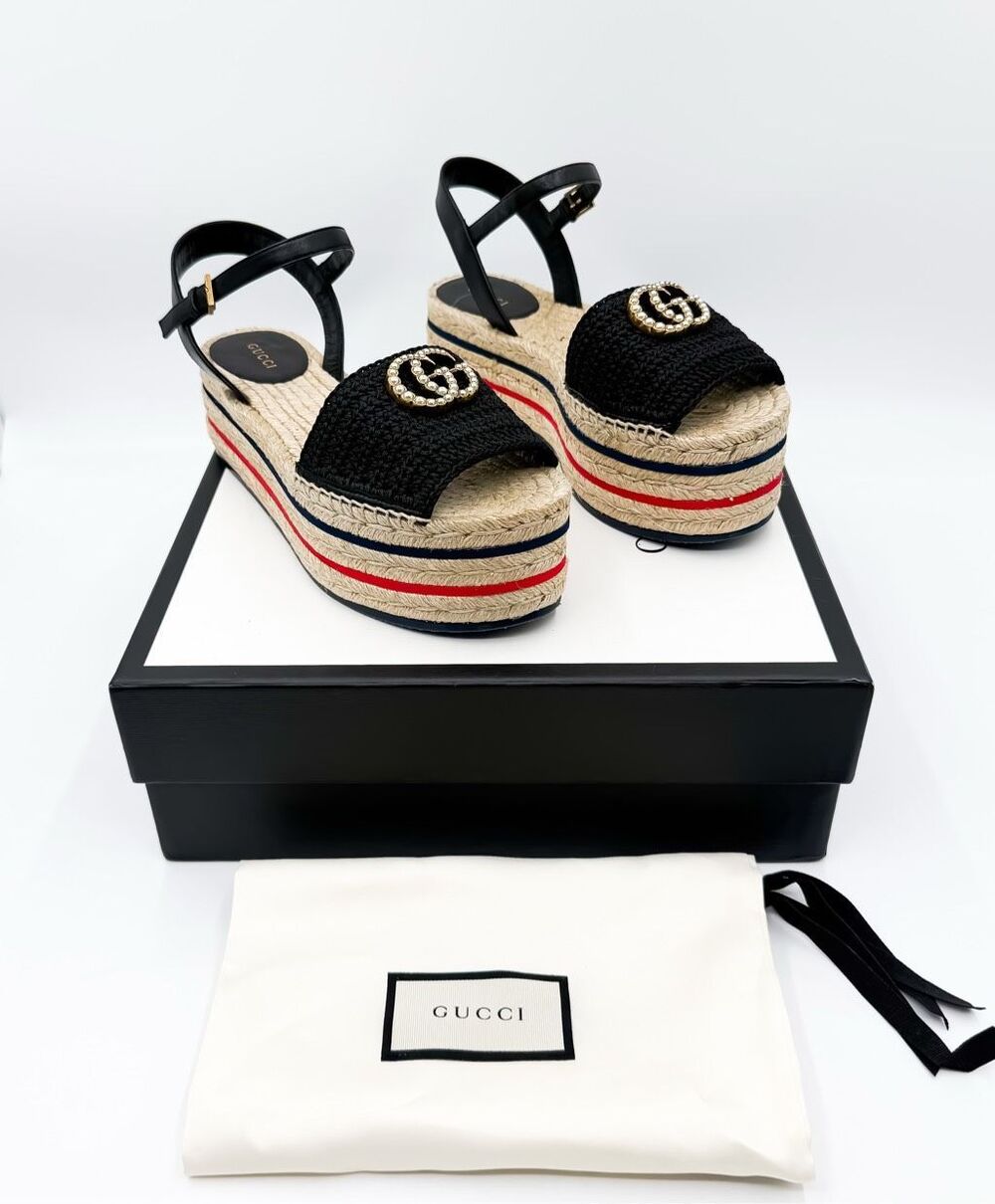 Gucci Lilibeth GG Pear Platform Crochet Raffia Sandals EU 39 US 9